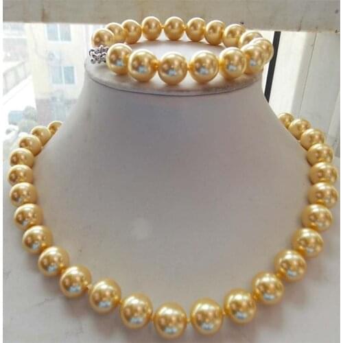 12mm Gold South Sea Shell Pearl Necklace Bracelet 18''7.5'Set AAA