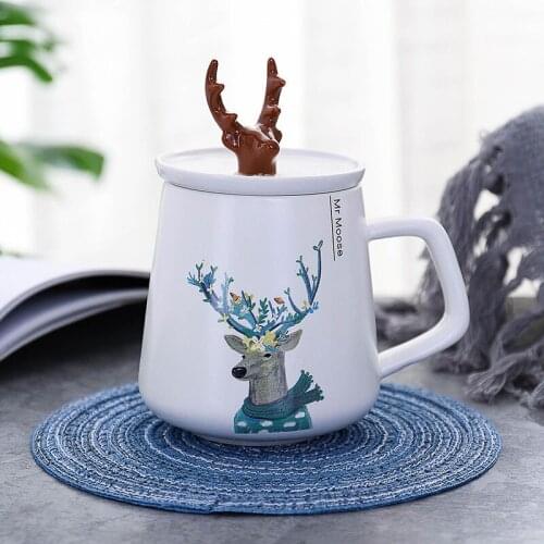 450ml Ceramic Coffee Mug With Lid Home Office Cartoon Mr. Elk Cups Coffeeware Antlers Couple Mug Porcelain Tazas Drinkware 2021
