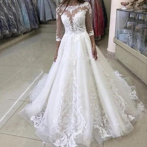 ANGELSBRIDEP Three Quarter Sleeves Ball Gown Wedding Dresses Robe de mariee Applique lllusion Neck Court Train Vestidos De Noiva