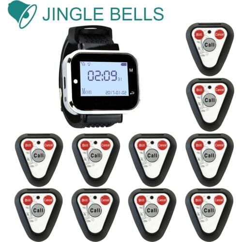 JINGLE BELLS hotel cafe wireless calling system 10 calling buttons 1 watch pager for restaurant equipment transmitter call bells