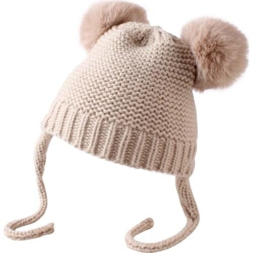0-4Y Kids Baby Knitted Caps with Double Hair Ball Elastic Breathable Lace Up Beanie Cap Solid Color Ear Protection Warm Hat Cap