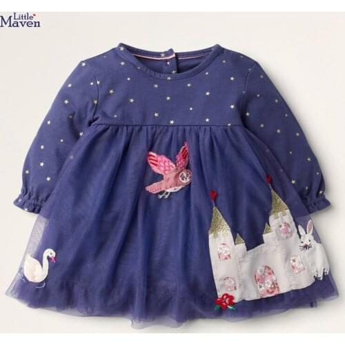 Children Autumn Dress Girls Cartoon Mesh Castle Bird Navy Blue Baby Dresses