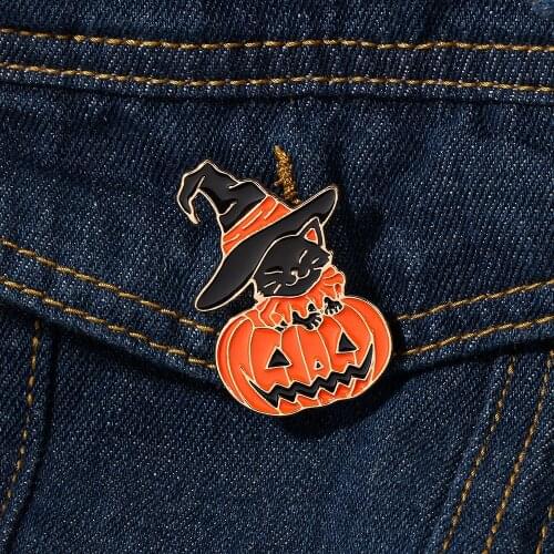 Halloween Enamel Pin Creative Cat Elf Ghost Black Cat Witches Jewelry Magic Hat Wizard Brooches Badges Lapel Pins