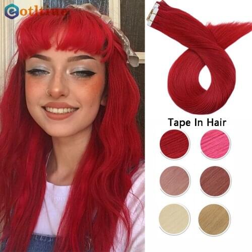 Adhesive Tape in Hair Extensions Pink Red Real Human Hair Seamless PU Skin Weft Tape on Hair Colorful Solid Teal Color 2.5g/pc