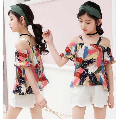 Girls Summer Clothes Sets Off-Shoulder Cotton Bohemian Print Tops Shirts White Shorts Outfits ensemble fille For 6 8 10 12 14 Y