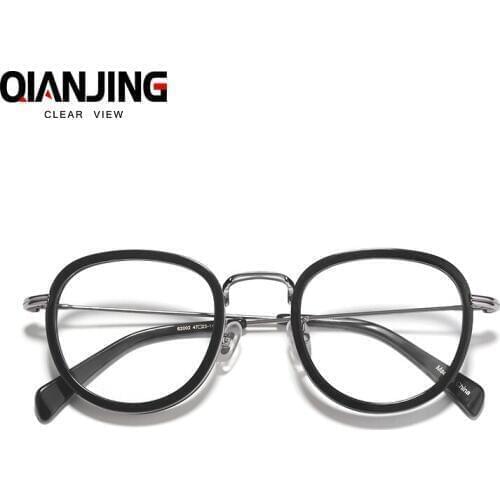 QianJing New Round Women Acetate Men Eyeglasses Oculos Retro Glasses Frame Metal Plate Clouds Myopia Optical Frames Prescription