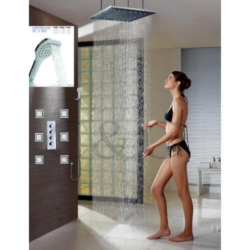 24" LED Temperature Sensitive Rainfall Shower Head 6 Pcs Big Body Jets Large Water Flow Bathroom Shower Faucet Set