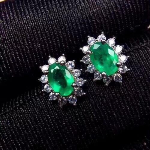 Natural emerald earring Free shipping Real original emerald 925 sterling silver Gem 4*6mm 2pcs