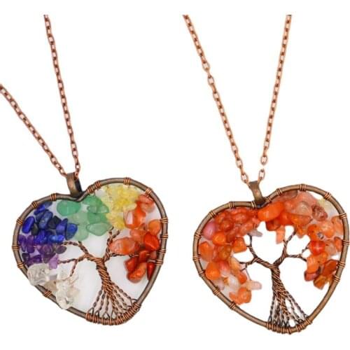 Heart 7 Chakra Reiki Healing Tree of Life Pendant Necklace Vintage Antique Copper Wire Wrap Natural Stone Chip Bead Jewelry Gift