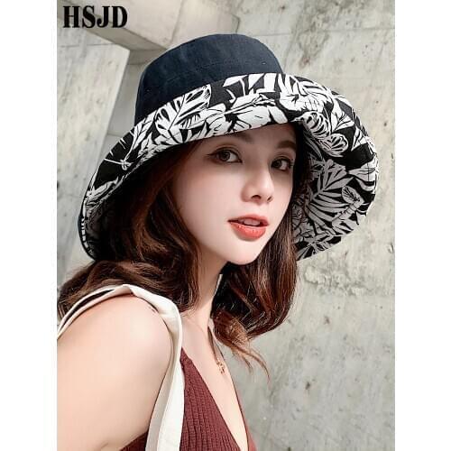 Summer Women Double-sided Flower Print Cotton Sun Hats Ladies Fashion Wide Brim Foldable Sun Bucket Hats Anti-UV Beach Hat Caps