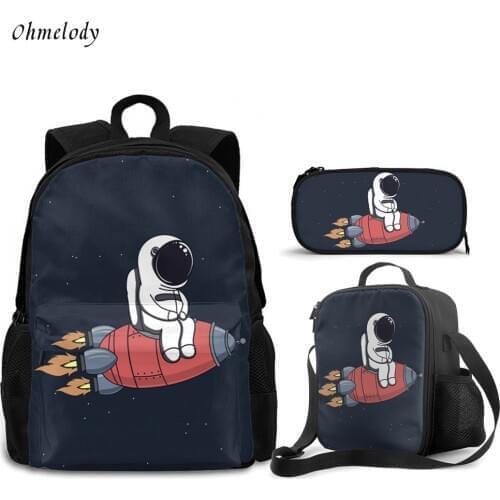 Space Astronaut Print 3 Pcs Black Backpack Lunch Bag Pencil Bags Set Boys Personalized Backpacks School Bookbag Casual Rucksack