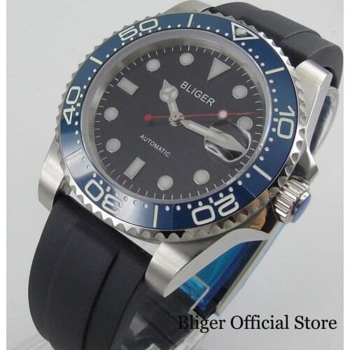 BLIGER SUB Mechancial Simple Men Watch Black Dial Red Second Hand 24 Jewels NH35 MIYOTA 8215 Rubber Strap Blue Ceramic Insert