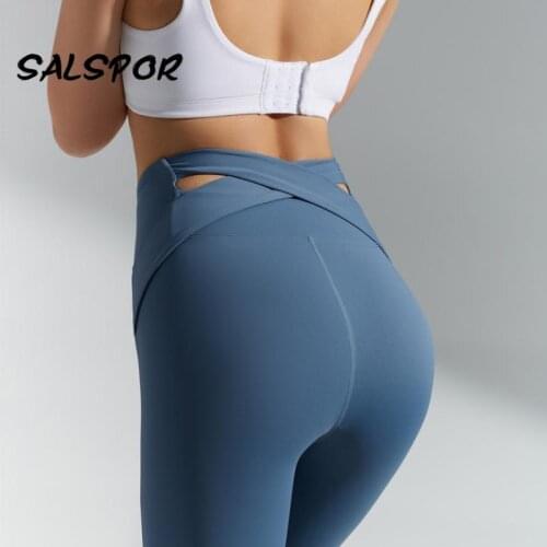 SALSPOR Cross Waist Leggings Women Running Workout Legging Fitness Sexy Sport Leggins Push Up Gym Basic Activewear Elastic