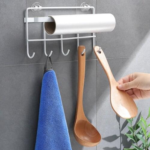 Home Iron Art Wall Shelf Kitchen Multifunctional Kitchenware Row Hook Hook-free Perforated Roll Paper Storage Rack Towels Rack