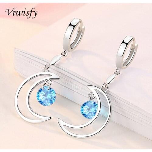 Viwisfy Long Blue Crystal Vintage Moon Real 925 Sterling Silver Drop Earrings For Women VW21201