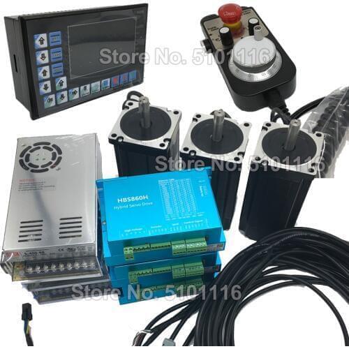 XYZ Axis 8.5Nm Nema34 86MM Closed Loop Stepper Motor+ Driver + Power Supply +3Axis Offline Controller G PLC + MPG Kits for CNC