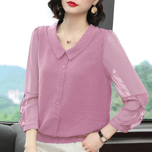 WomenS Spring Autumn Style Chiffon Blouses Shirt WomenS Solid Color Peter Pan Collar Button Long Sleeve Korean Tops DD9105