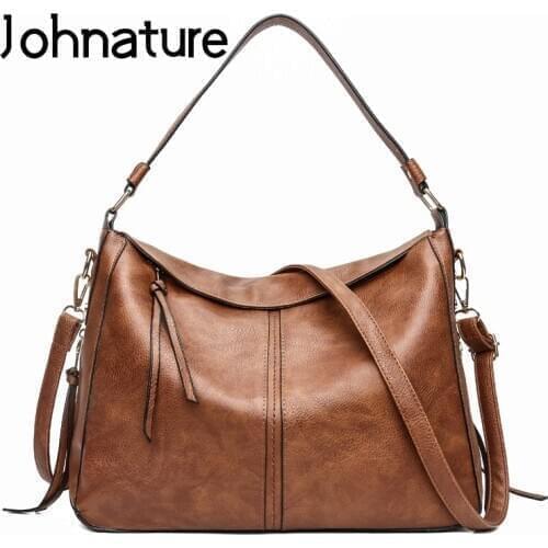 Johnature Womens Big Bags 2020 New Fashion Soft Leather Handbag Simple Solid Color Large Capacity Lady Shoulder Messenger Bag