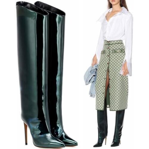 New Patent Leather Knee High Boots Women Zipper Designer Fashion Runway Shoes Woman Pointed Toe High Heels zapatos de mujer