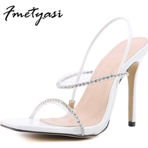 Womens Sandals 2021 Sewing Rhinestone Crystal Narrow Band Super High Heels Square Toe Ladies' Shoes Front Rear Strap