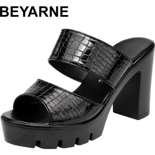 BEYARNE Plus Size 34-43 Open Toe Platform Shoes Summer Slippers Woman Patent Leather Slides Women High Heels Slippers Ladies