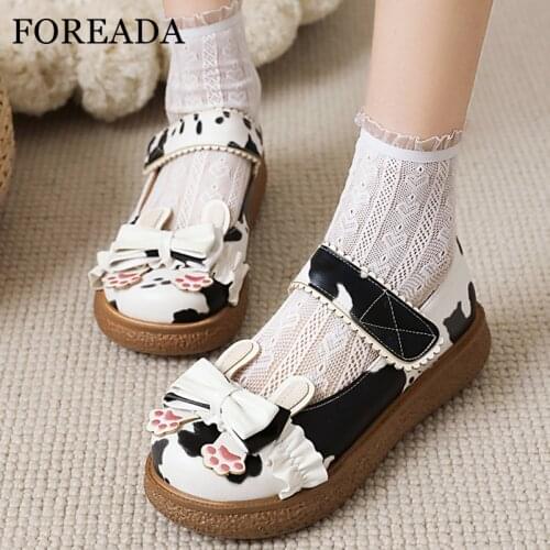 FOREADA Woman Lolita Style Shoes Platform Flat Shoes Bow Round Toe Ladies Footwear Lovely Shoes 2021 Spring 33-43 Purple Beige