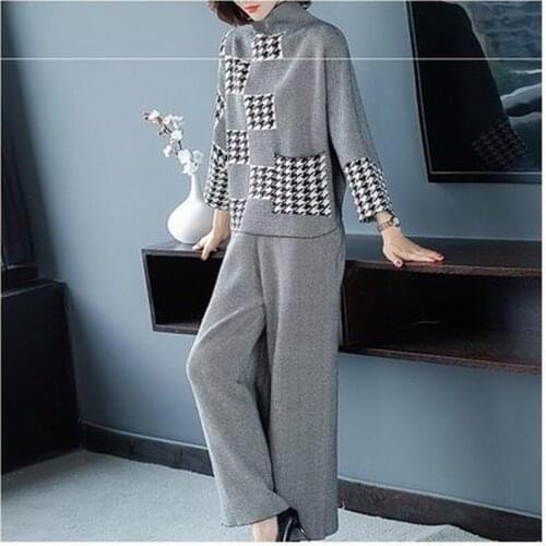 Women Plaid sweater wide-leg pants suit two-piece female autumn and winter pullover long sleeve high collar