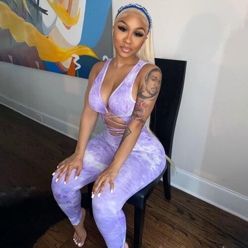 2021 Tie Dyeing Print Jumpsuit Rompers Sexy Women Deep V-neck Hollow Long Pants Trousers Summer Sports Bodycon Jumpsuit Playsuit