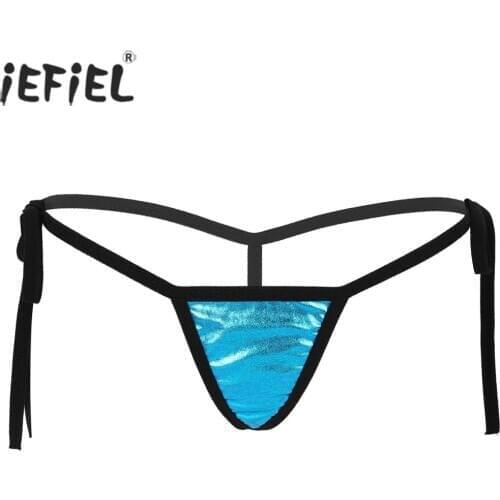 Women Ladies Sexy Erotic Shiny Metallic Lingerie Low Rise Tie-Side T-Back Mini G-String Thong Bikini Briefs Underwear Panties