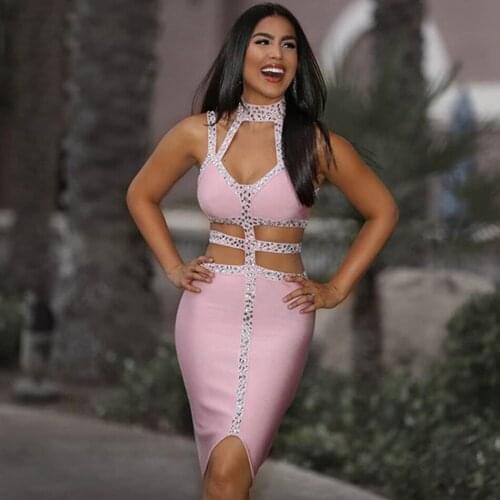 Newest Celebrity Party Bodycon Bandage Dress Women Pink Spaghetti Strap Beading Hot Sexy Night Out Club Dress Women Vestidos