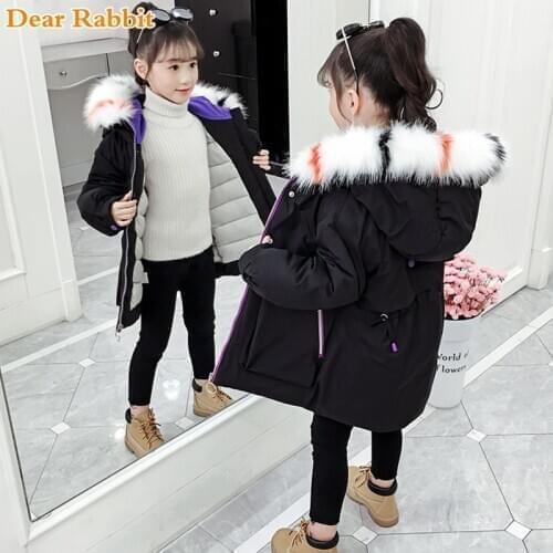 2020 fashion Children Winter Clothes Girl Jacket Warm Fur Collar Hooded long down cotton Coats For Kids Outerwear parka clothing