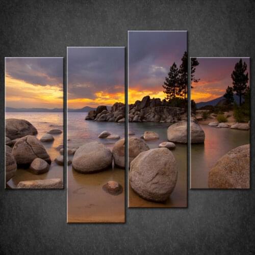 4 Pcs HD Print TAHOE LAKE SUNSET Stone Posters Canvas Wall Art Painting Modular Pictures On The Wall Sitting Room No Framed