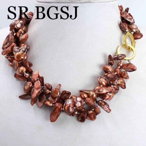 Free Shipping 8-16mm Freeform Brown Teeth Pearl 3-Strand Knot Toggle Clasp Female Jewelry Necklace 17inch