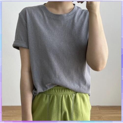 Summer Solid T-shirt Womens Cotton And Linen Tee Shirt Short-sleeved Loose T-shirts 2021 Korean Tshirt Femme Round Neck Tops