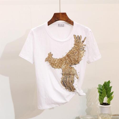 Zuolunouba Summer Streetwear Clothes Casual Beading Short Sleeve Tees Tops Diamonds Phoenix Harajuku T-shirts Women White
