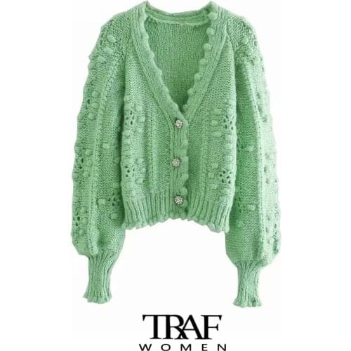 TRAF Za Women Fashion With Gem Buttons Pompom Detail Knit Cardigan Sweater Vintage Long Sleeve Female Outerwear Chic Tops