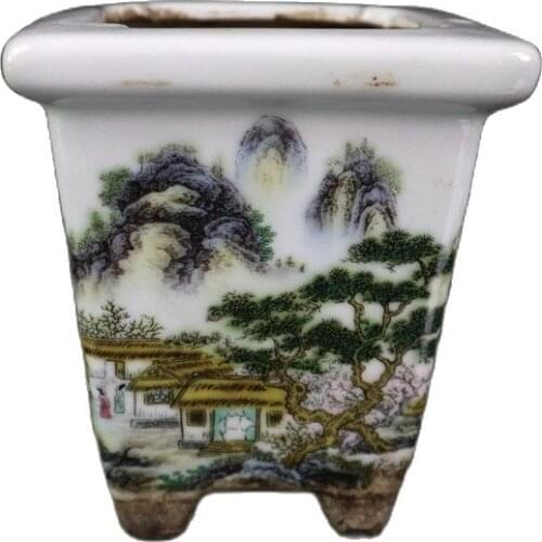 China Old Porcelain Pastel Landscape Pattern Square Flowerpot