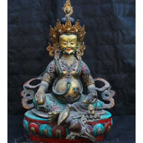 Chinese Tibet Temple Fane Old Pure Bronze Turquoise Gild Statue Dzambala Buddha