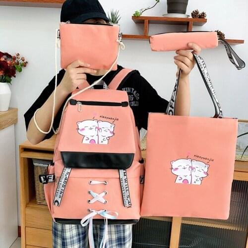 4 PCS Set Schoolbag For Girl Women Backpack Canvas Female Student College School Bag Cool Laptop Backpack Fashion Travel Backbag