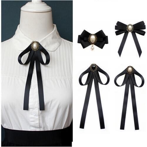 Handmade Lace Ribbon Pearl Black Bow Tie Brooches for Women Unisex Shirt Bowtie Collar Pin Ladies Suit Clothing Accessories