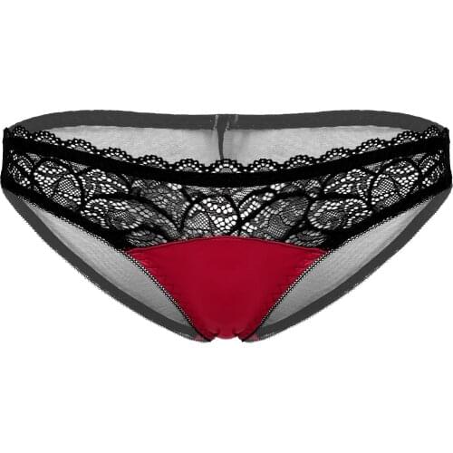 Mens Low Waist Sissy Lingerie Brief Satin Floral Lace Transparent Back Patchwork Underpants Panties Wetlook Bikini Underwear