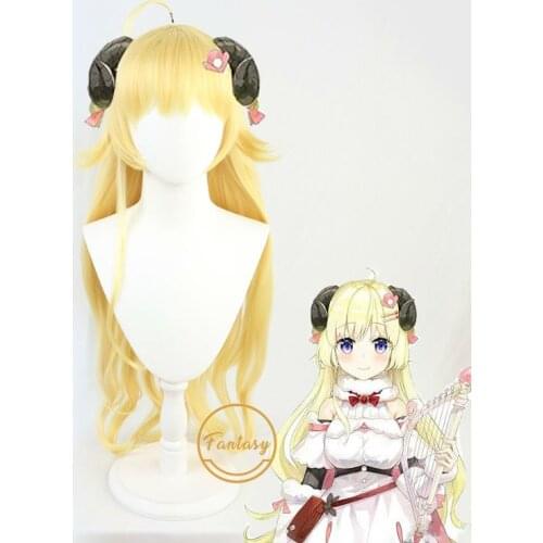 Vtuber Tsunomaki Watame Youtuber Cosplay Wig Heat Resistant Synthetic Long Yellow Hair Curly Wigs+ Free Wig Cap