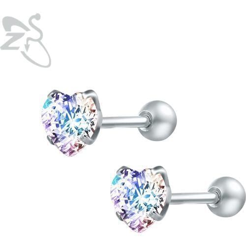 Cubic Zircon Earrings with Stone Stainless Steel Ear Studs Rhinestone Piercing Helix Ear Women Heart Earring for Female Ladies