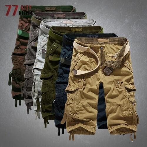 Cargo Shorts Men Casual Loose Multi-Pockets Cotton Pants Male Solid Color Water Wash Calf-length Shorts Military Mens Trousers