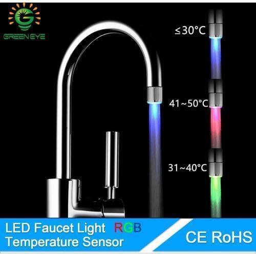 GreenEye RGB LED Faucet Bulb Light Temperature Sensor Automatically 3 Colors Changing LED Lamp Kitchen Bathroom Faucet Shower