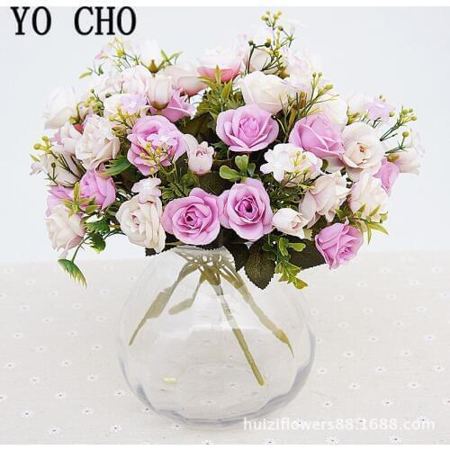 YO CHO Silk Palace Roses Artificial Flowers Small Roses Bride Bouquet Xmas Party Decor Faux Fake Flowers Wedding Home Decoration