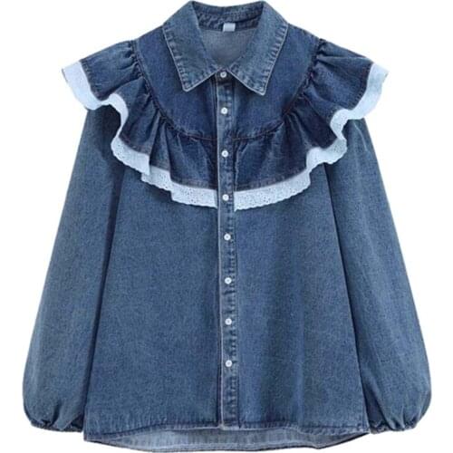 Women Denim Blouses 2021 Fashion Vintage Patchwork Ruffled Jeans Tops Blusas Korean Long Sleeve Button-up Casual Female Shirts