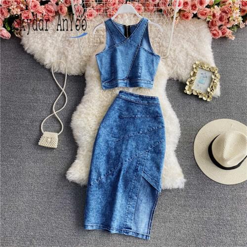 2021 Women Spring Summer Fashion Jeans Two Piece Set Slim Sexy Sleeveless Crop Top And Bodycon Split Skirt Suits Female Sets
