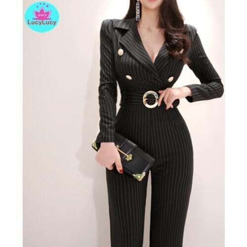 2019 womens new Korean temperament suit collar slim slimming high waist strap wide leg jumpsuit