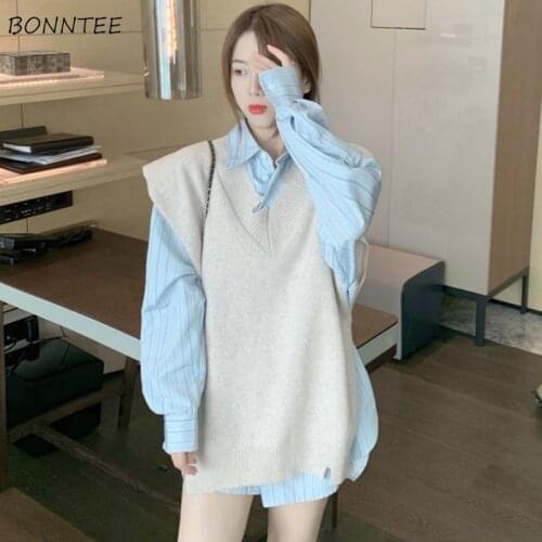 Women Sets Loose All-match Korean Style 2 Piece Turn-down Striped Single Breasted Shirts Knitting Simple Sweater Vest Autumn New
